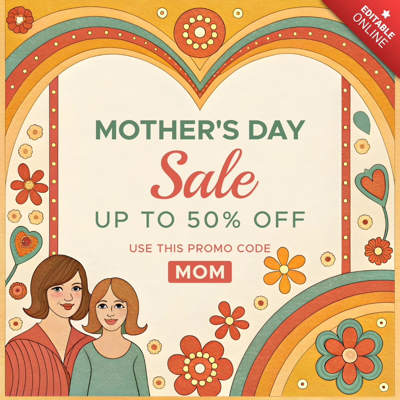 Colorful Retro Mother's Day Sale Template with Editable Design