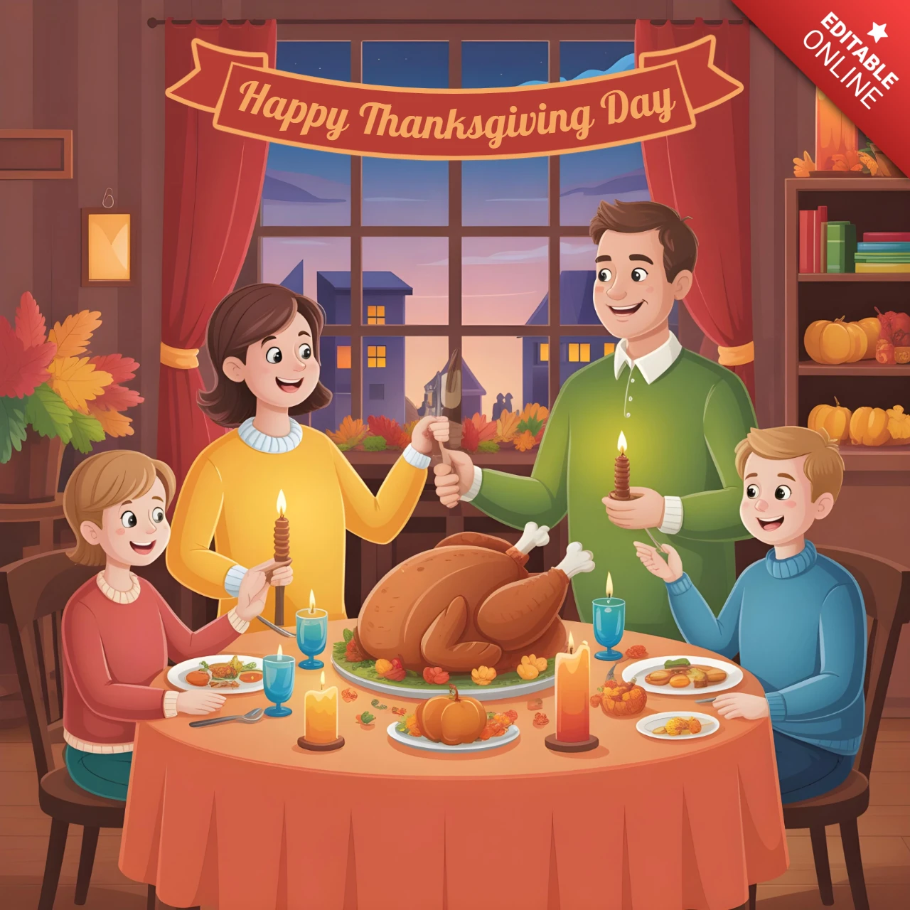 Danke-Karten für Kinder und Familien, beleuchtetes Abendessen mit Kürbissen, Herbstlaub und festlicher Stimmung, Banner-Design-Vorlage