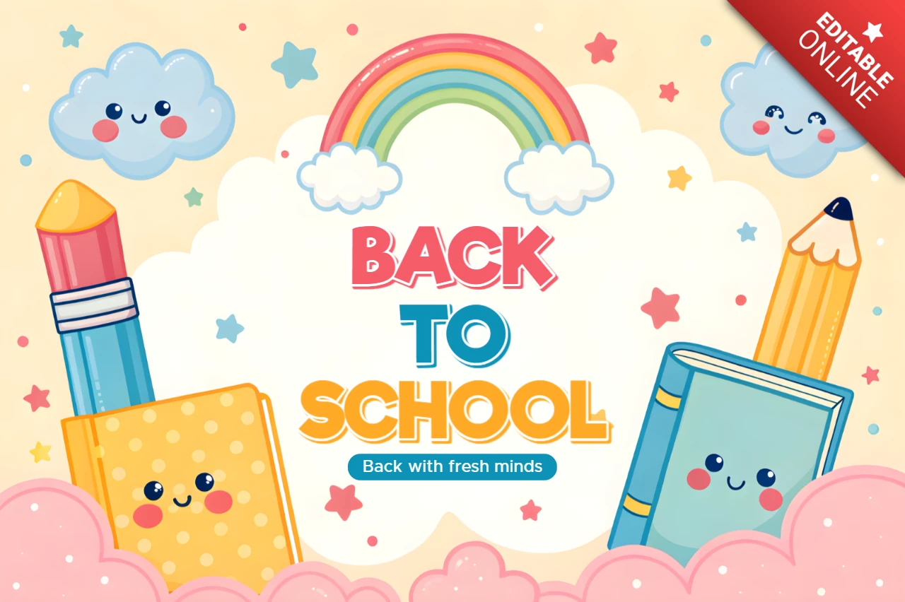 Plantilla de diseño de regreso a clases con lindos útiles escolares kawaii para carteles de niños