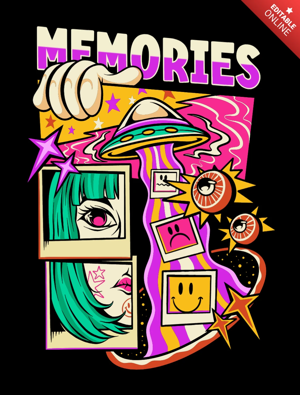 Memories Graphic T-Shirt Design Template with Retro Alien and Colorful Elements