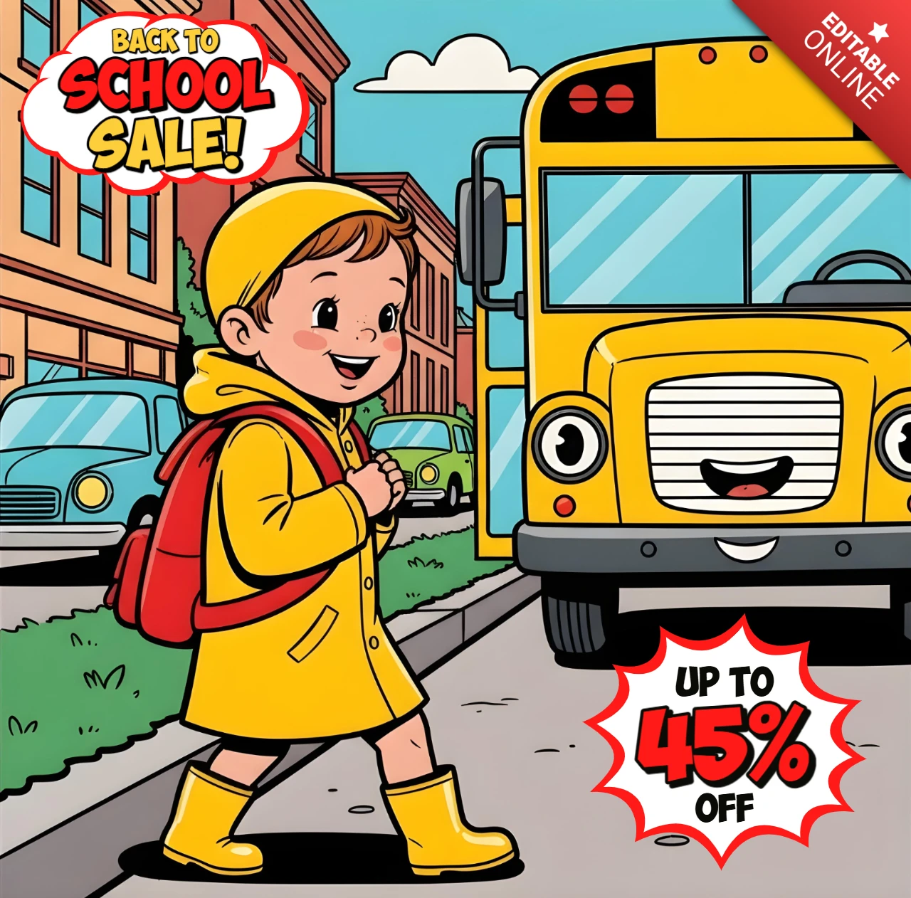 Venta de regreso a clases estilo cómic estudiante con mochila y autobús escolar sonriente gráficos de venta en negrita diseño de banner plantilla para volantes promocionales