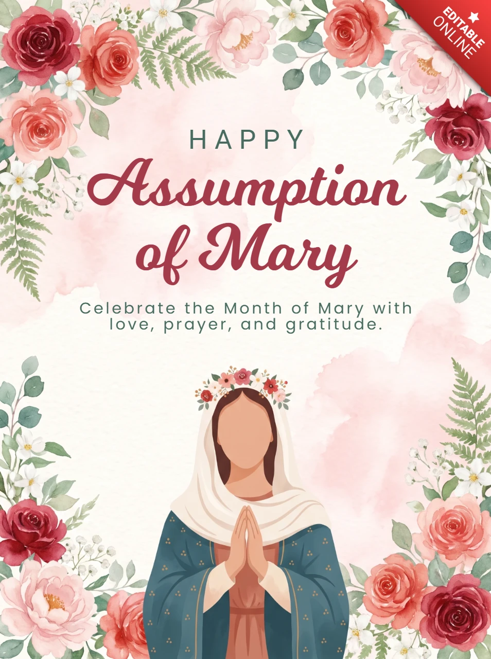 Assumption of Mary Devotional Poster Virgin Halo Radiant Light Blue Robe White Veil Crown of Flowers Prayer Floral Charm Illustration Design Template
