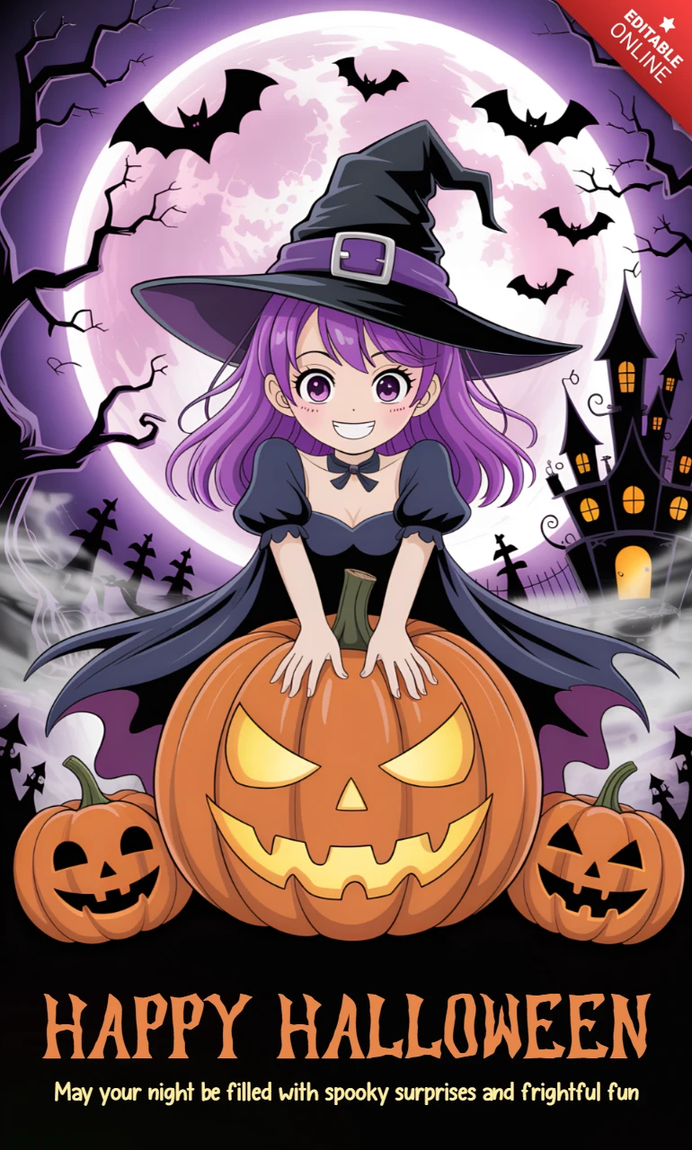 Frohes Halloween-Design-Template mit Hexe und Kürbis für festliche Grußkarten