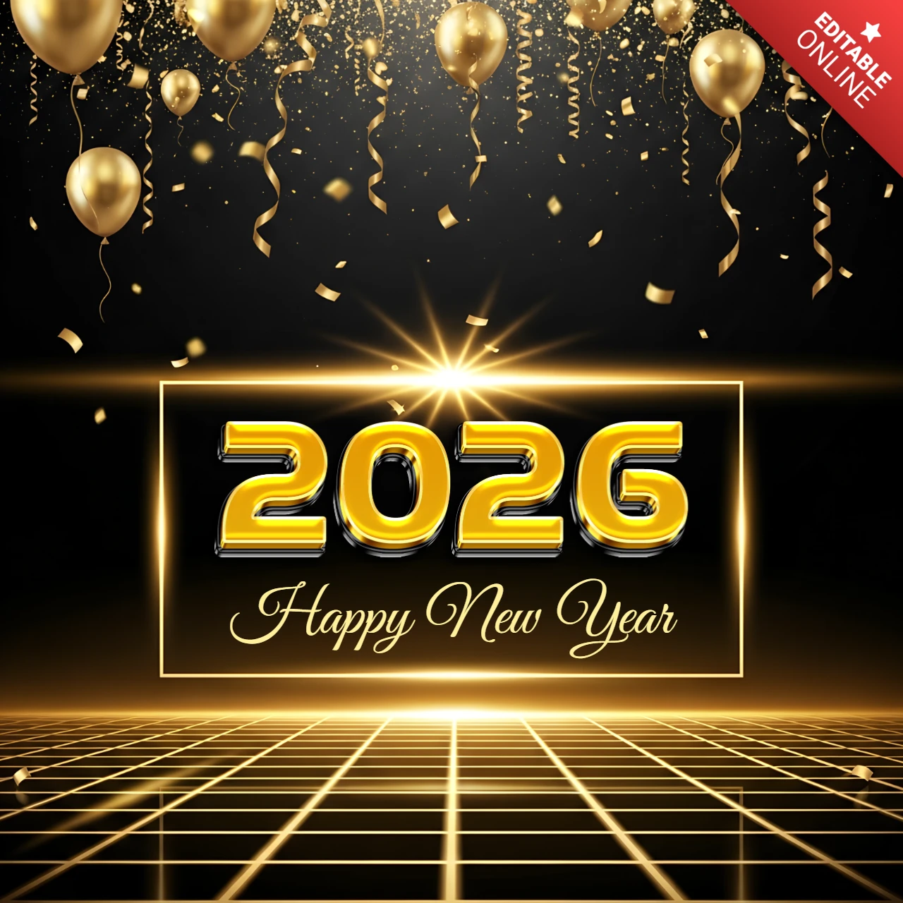 Golden Synthwave New Year Celebration Design with Balloons for Party Invitations Template