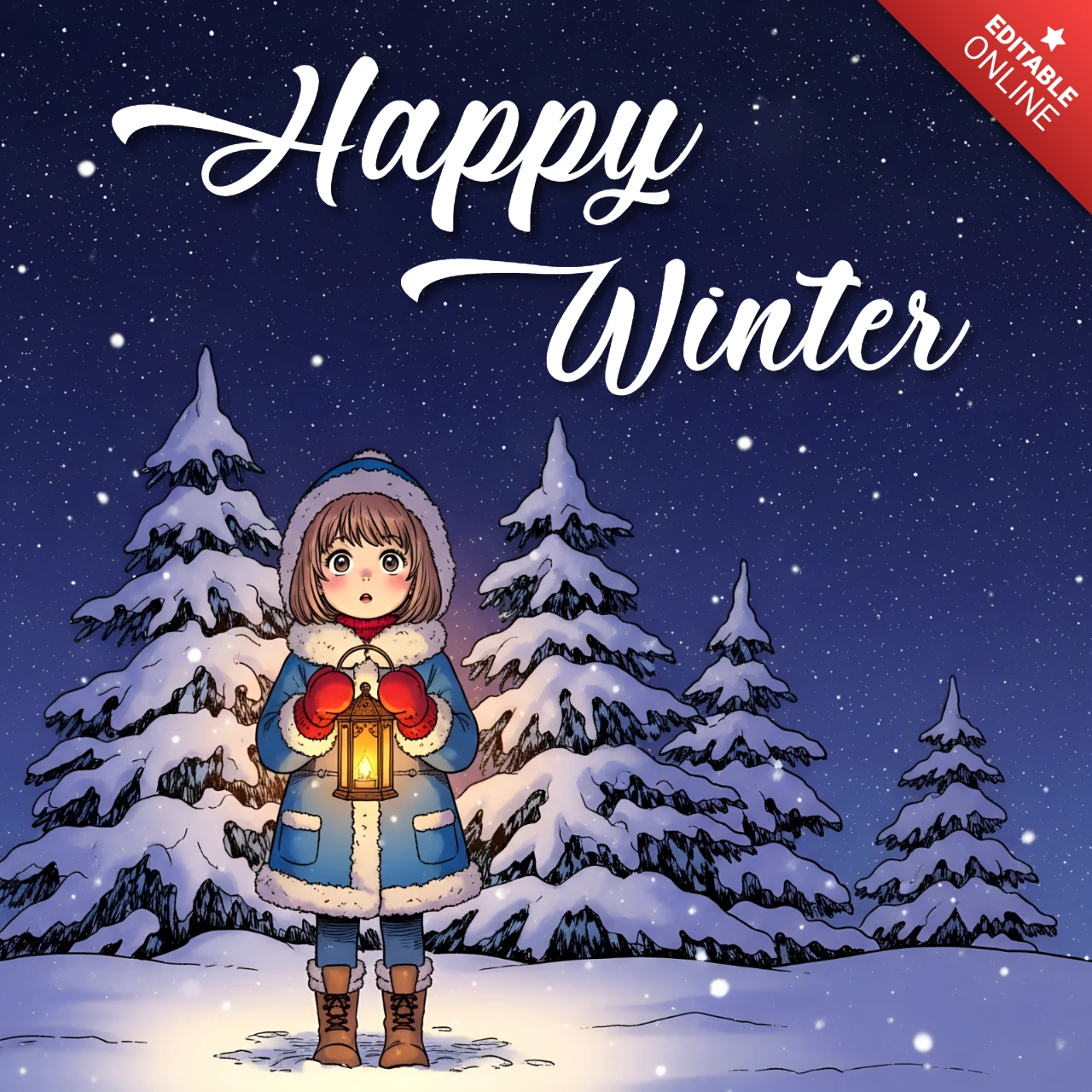 Winterwunderland-Designvorlage mit Laterne und verschneiter Landschaft für Grußkarten