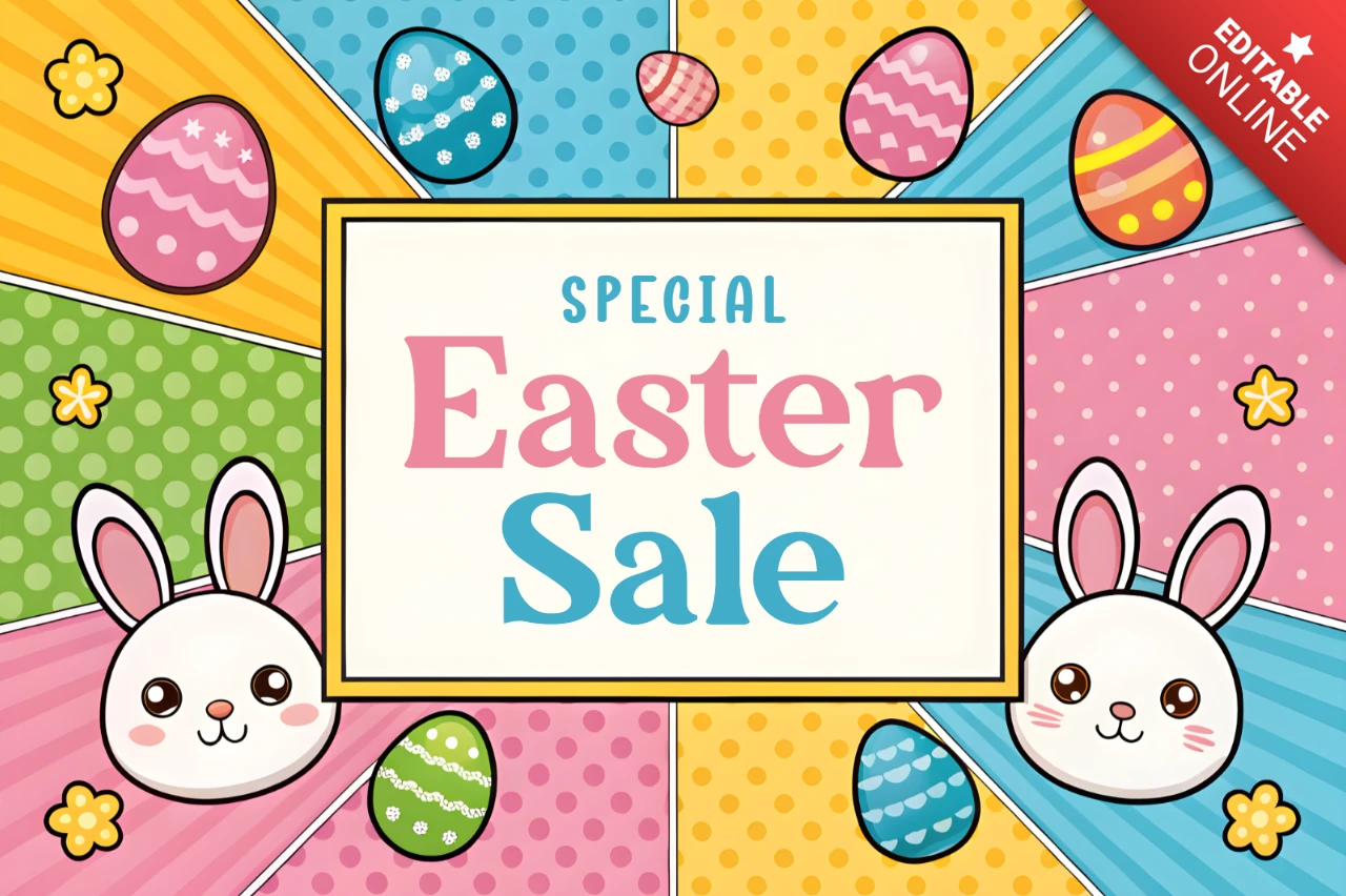 Colorful Easter Sale Design Template with Cute Bunny and Egg Graphics
