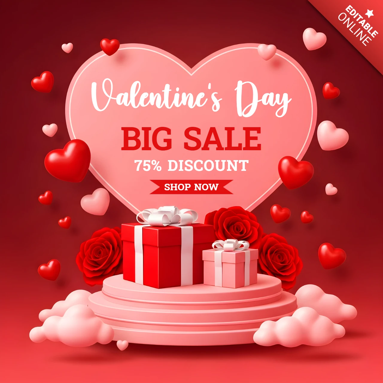 Modèle de vente pour la Saint-Valentin avec design de cœur et de boîte-cadeau pour des flyers promotionnels