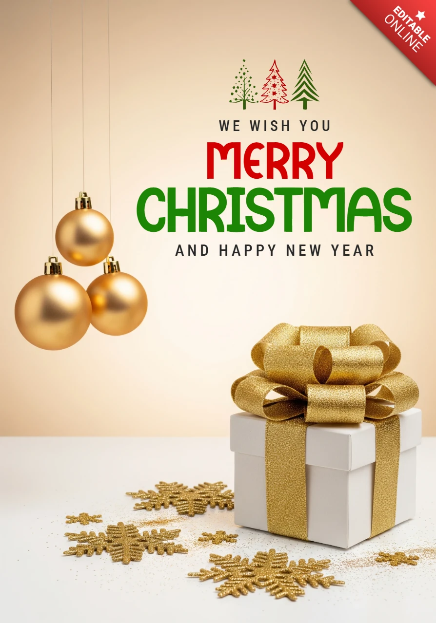 Luxury Christmas Greeting Card Gold Ornaments and Gift Box Design