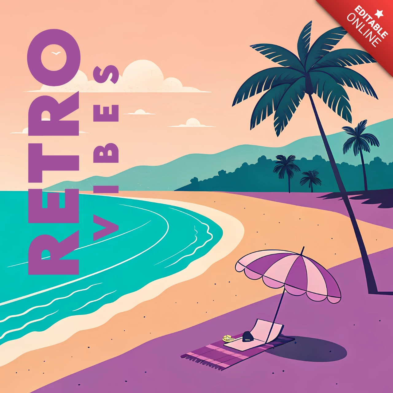 Sunset At The Beach Retro Flat Design Template for Posters and Merchandise