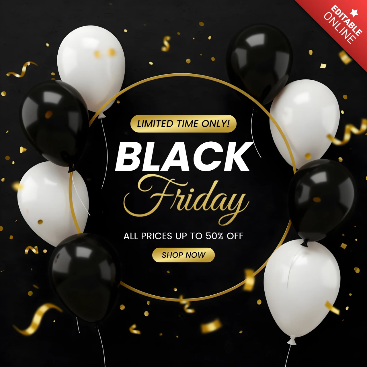 Modelo de design de venda da Black Friday com balões para folhetos promocionais