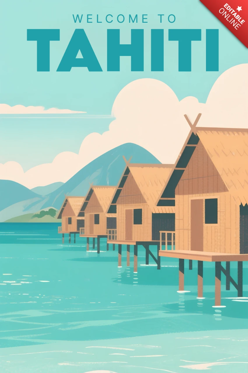 Bungalows sobre el agua en la laguna de Tahití ilustración para plantilla de souvenir imprimible de viaje retro y plano.