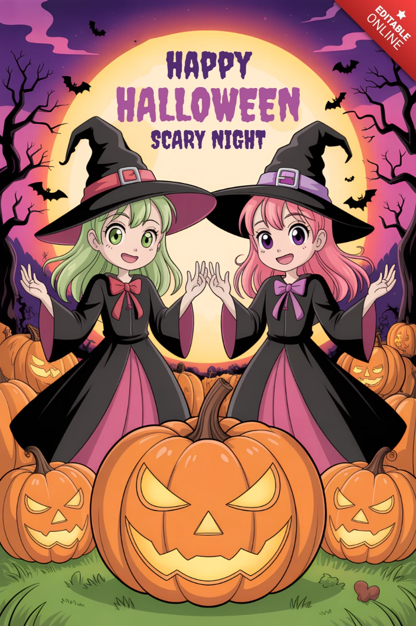 Halloween Themed Design Template with Witches and Pumpkins for Party Invitations