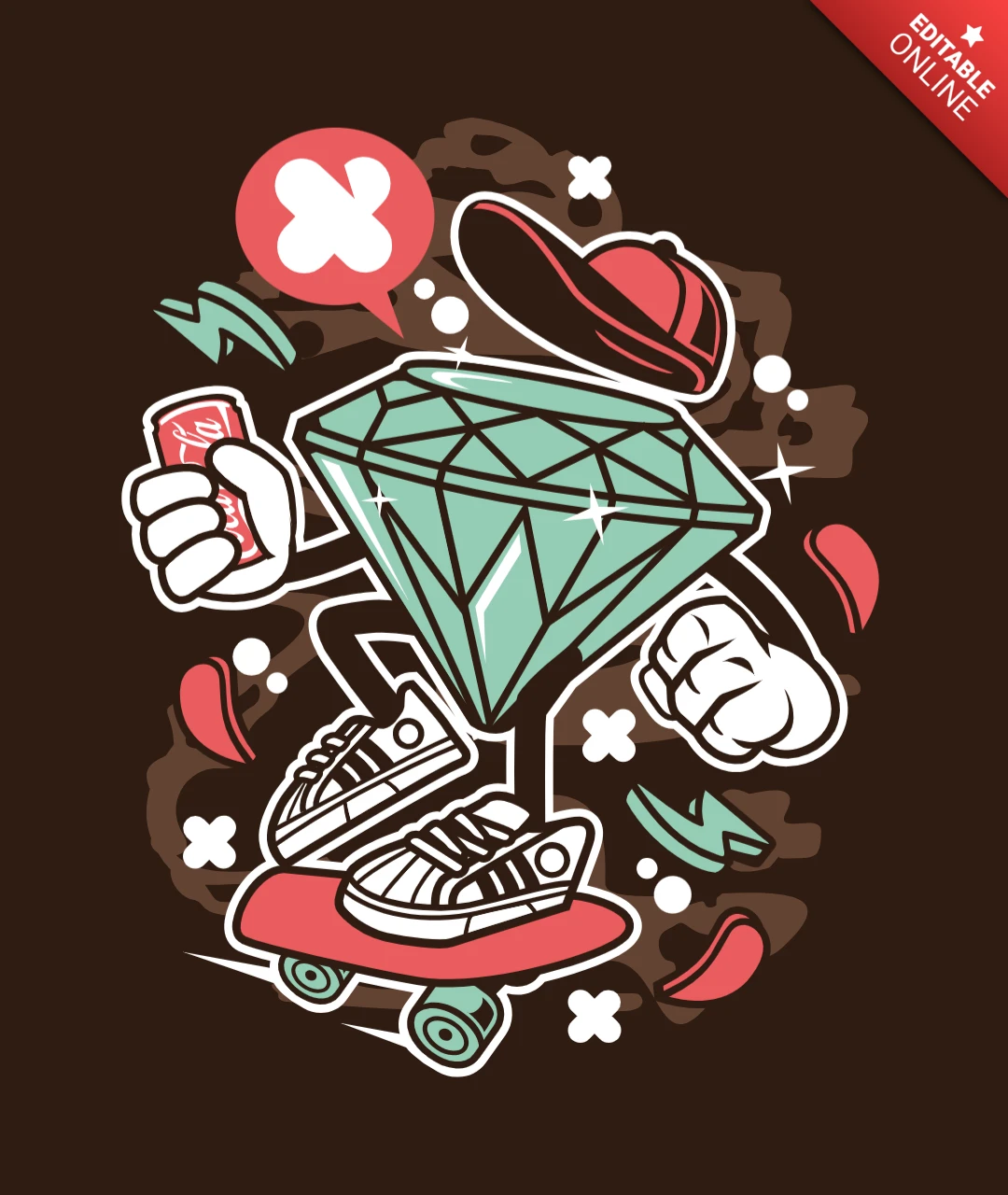 Diamant skateboarder cartoon charakter t-shirt design vorlage