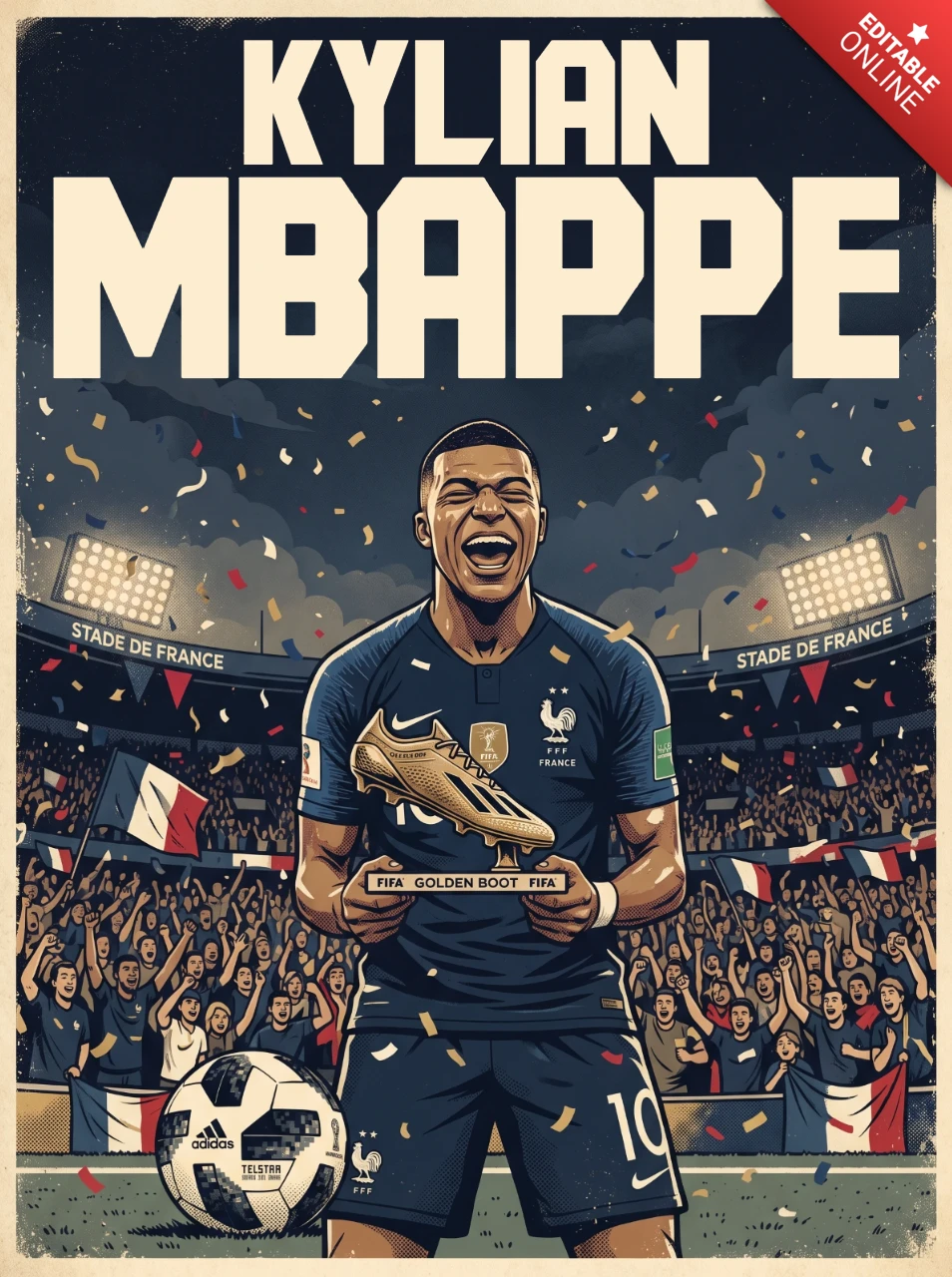 Póster retro de Kylian Mbappé Francia – ilustración vintage de fútbol con premio a la bota de oro, aficionados ondeando banderas y energía nostálgica del fútbol francés