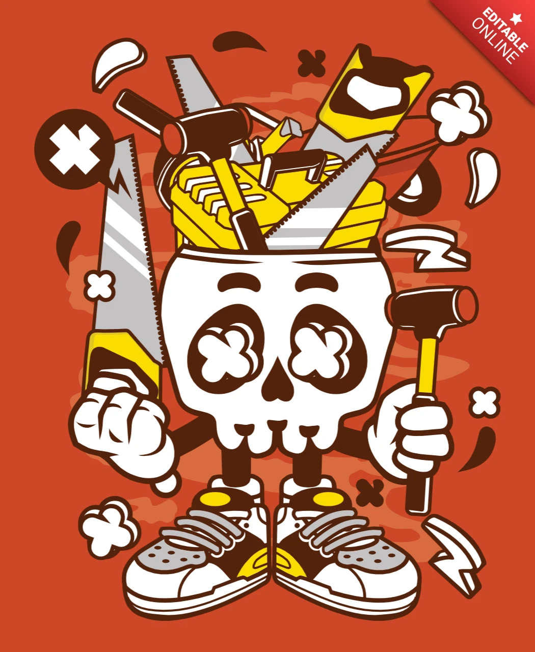 Carpenter Skull Cartoon Character T-shirt Design Template