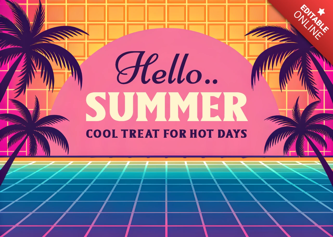 80s zomer vibes ontwerpsjabloon met palmbomen en retrowave raster