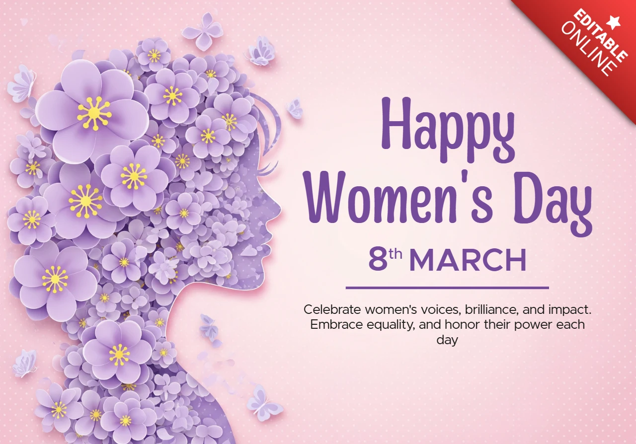 Modelo de cartaz para o Dia Internacional da Mulher com silhueta de mulher, borboletas e fundo degradê festivo.