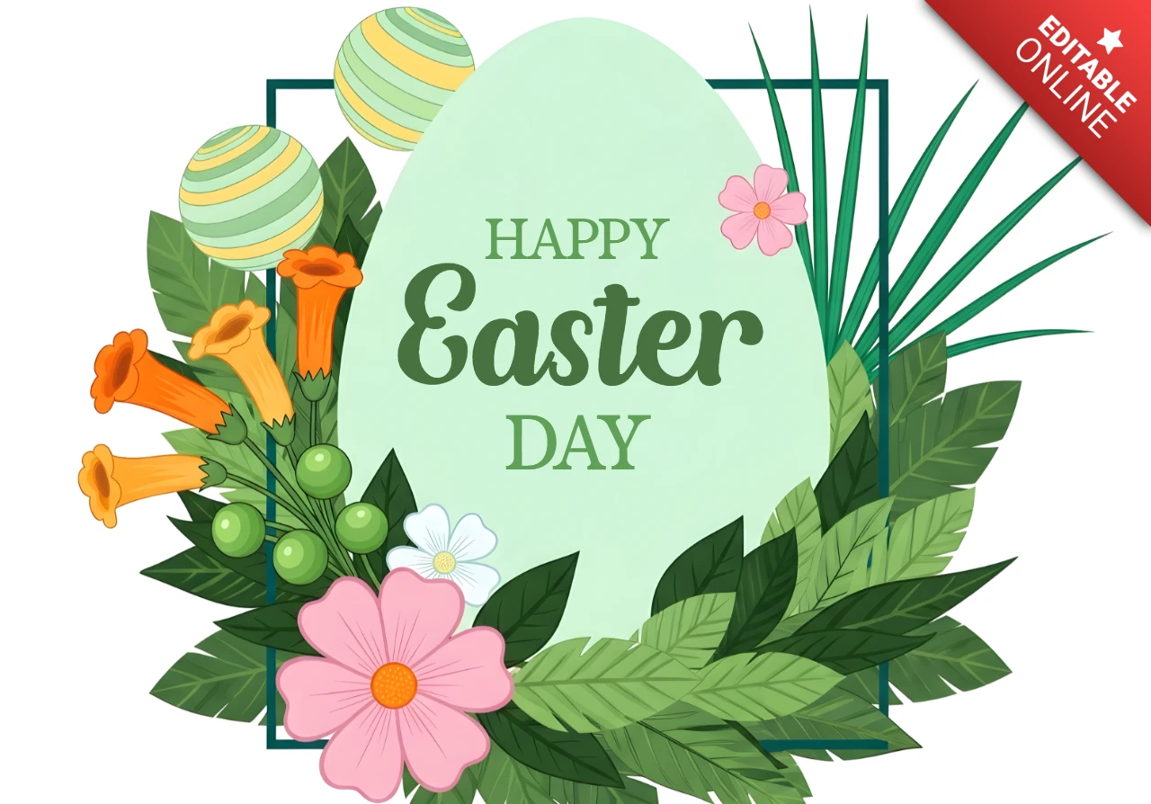 Plantilla de diseño floral de Pascua para tarjetas de felicitación con huevos coloridos y flores.