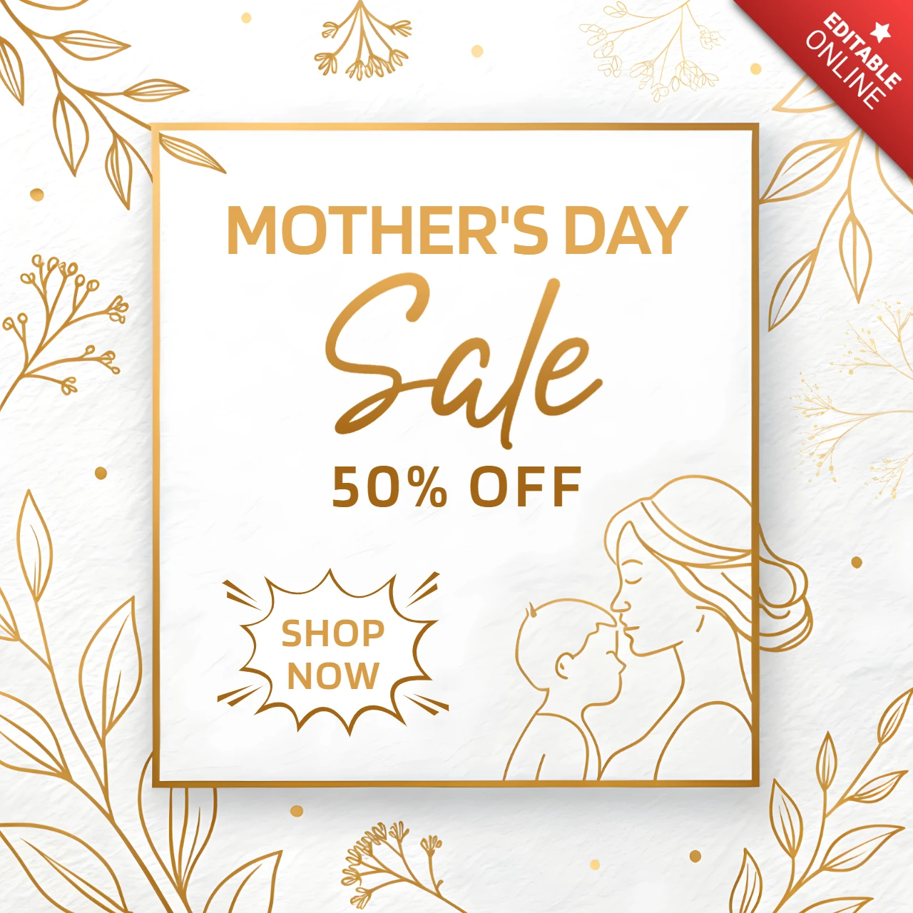 Elegant Mother's Day Sale Template Design with Floral Accents – Golden Line Art
