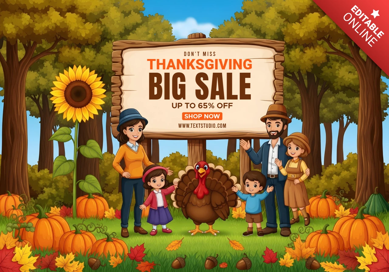 Thème de Thanksgiving avec une famille de dessins animés, des champignons, des feuilles d'automne et un cadre promotionnel, modèle de bannière de vente promotionnelle.