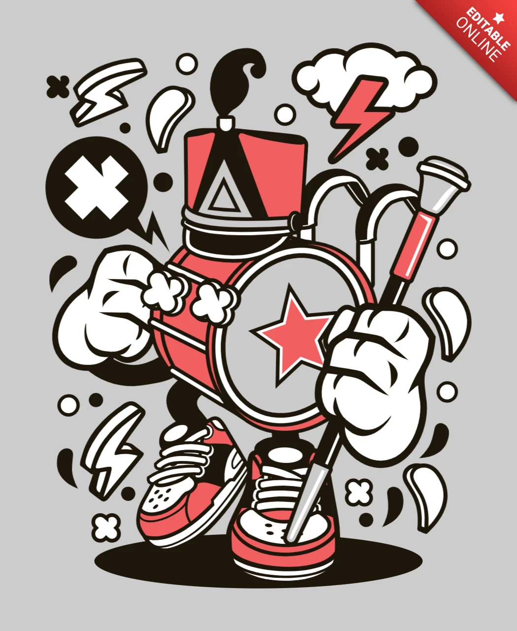 Marching band drum cartoon karakter ontwerpsjabloon