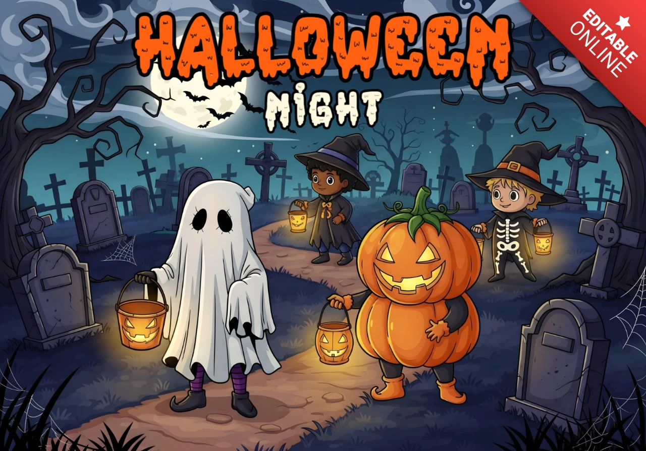 Halloween-Nacht Flyer-Vorlage mit Friedhofsszene, Gespenst, Kürbis und Skelettkindern, die Laternen halten, Design für festliche Flyer