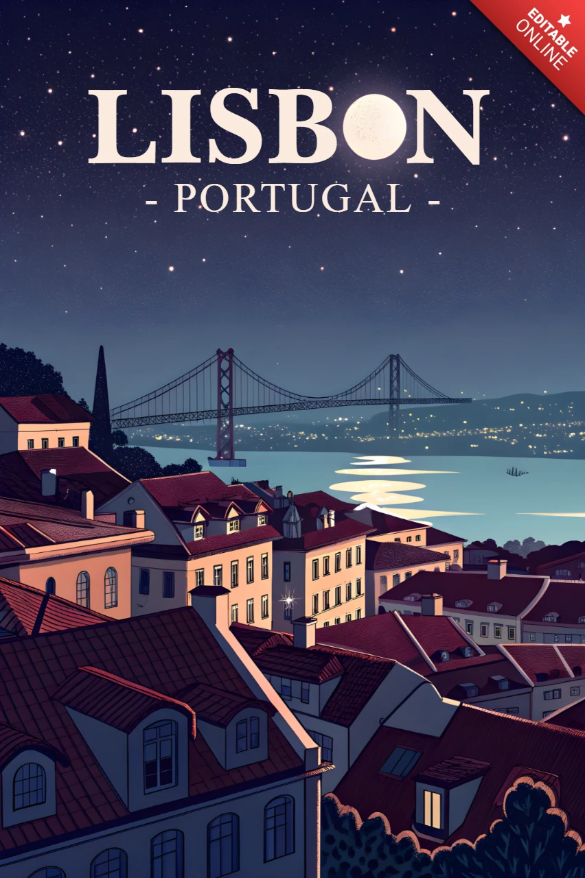 Lisbon Portugal Nightscape Design Template for Travel Posters