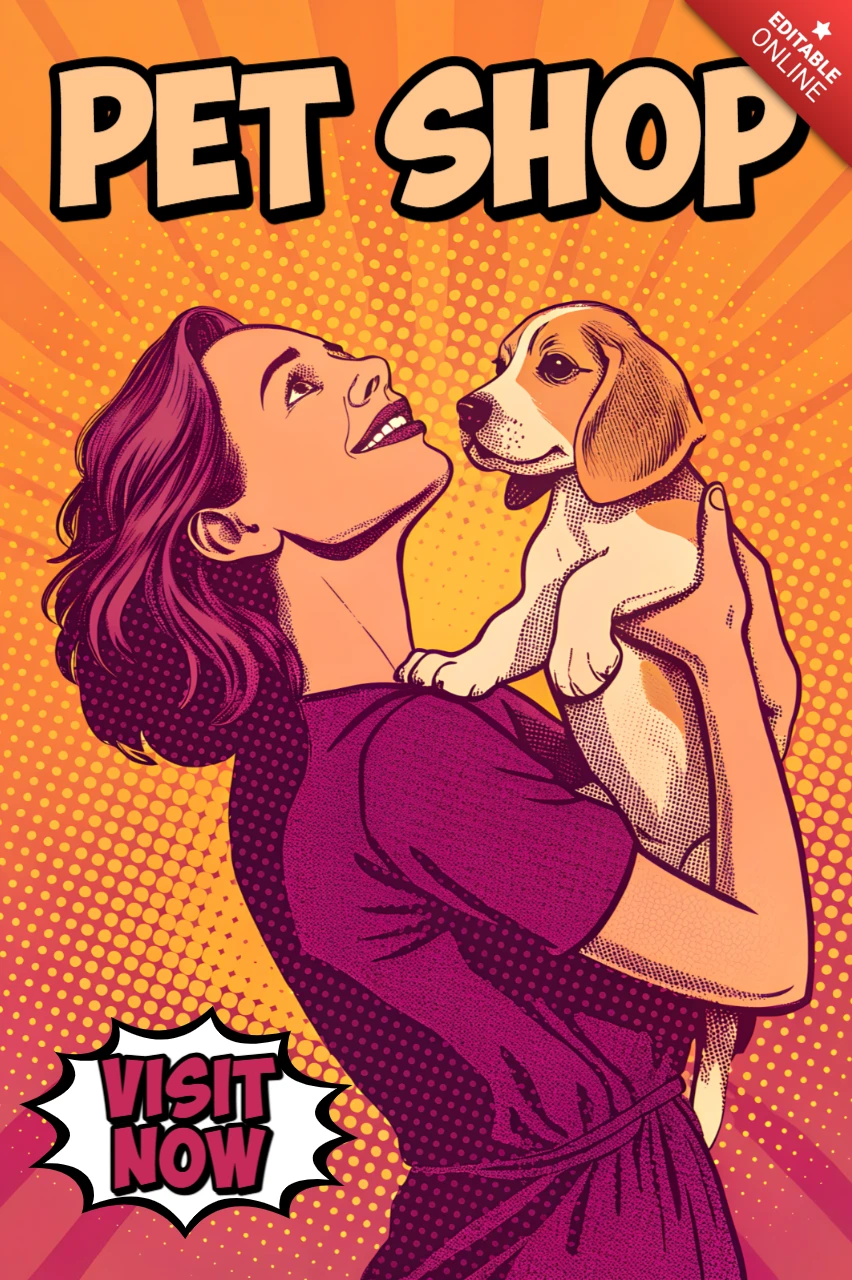 Modèle de design de boutique d'animaux en pop art pour des flyers promotionnels mettant en vedette une femme heureuse et un chiot
