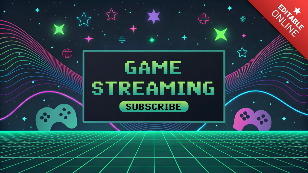 Modèle de streaming de jeux rétro avec design néon et graphismes de manette