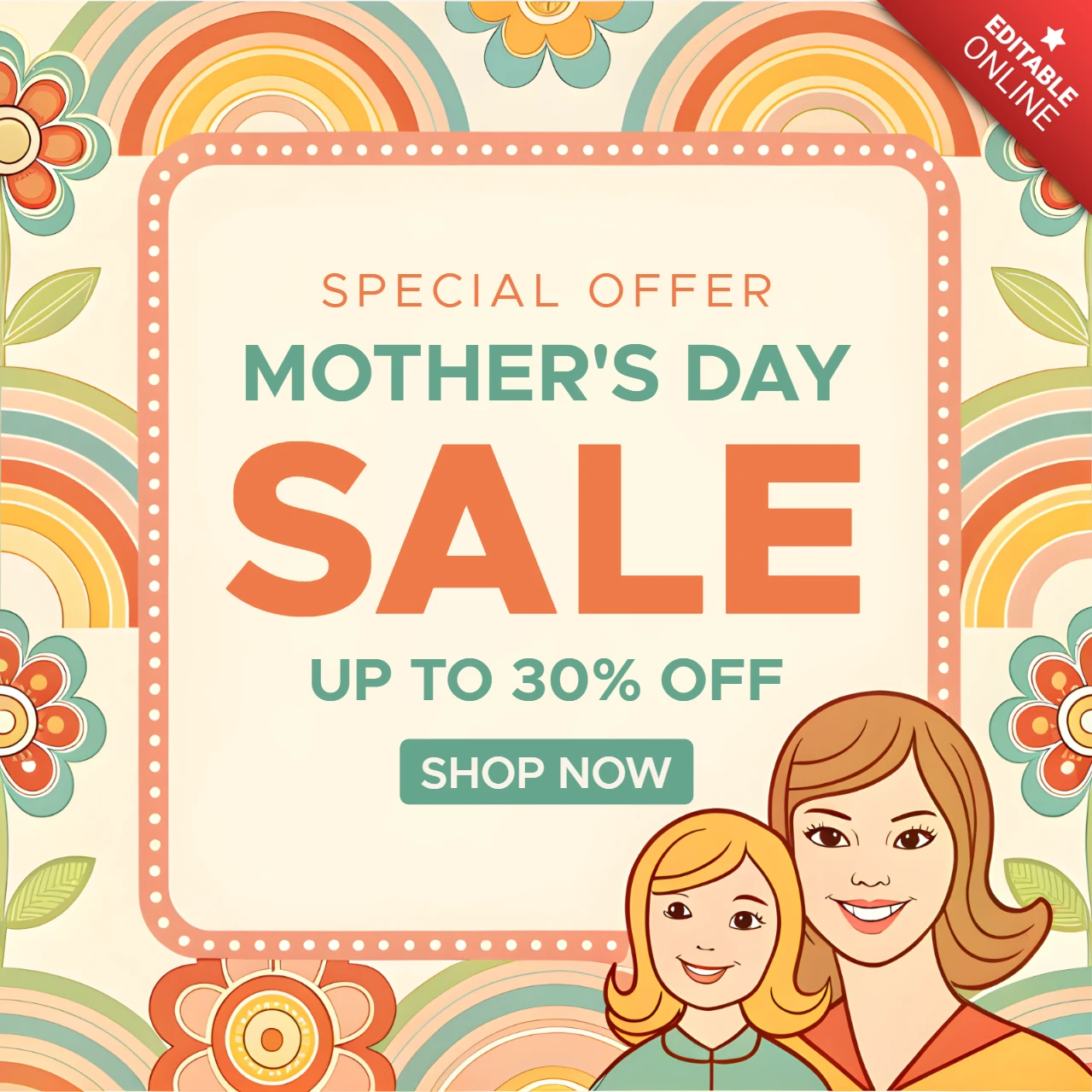 Retro Floral Mother's Day Sale Template Design - Editable Promotional Graphic