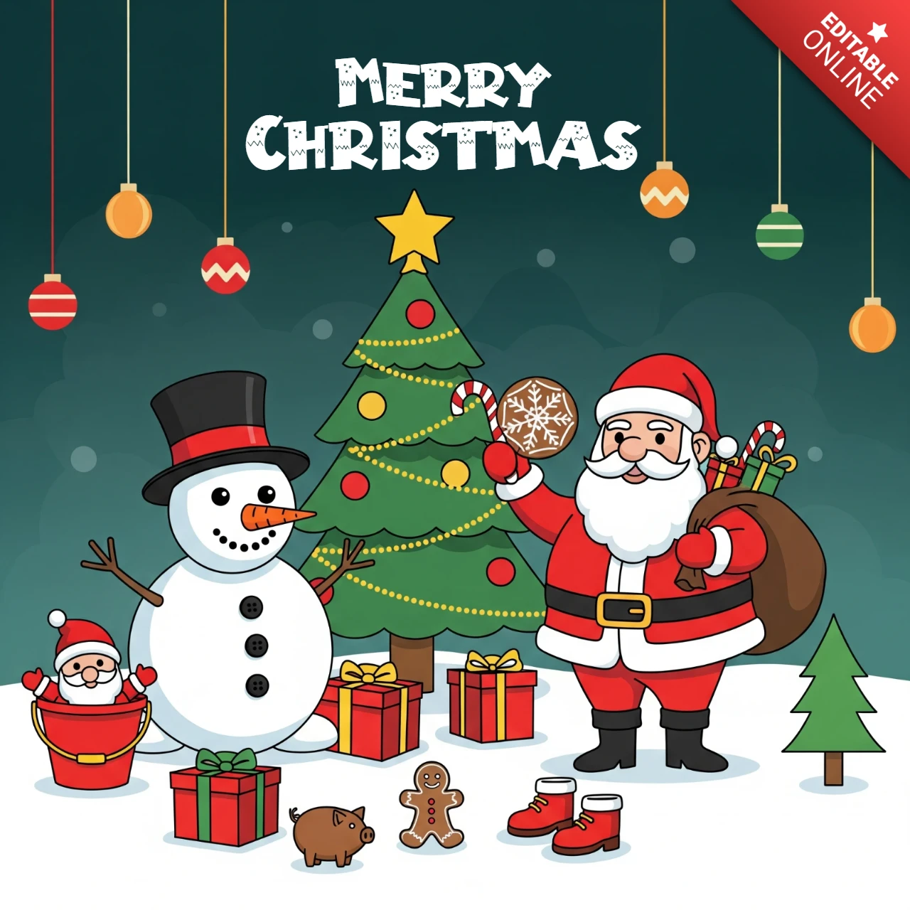 Merry Christmas Card Santa, Snowman, and Tree Surrounded by Presents, Gingerbread, and Holiday Cheer Poster Design Template