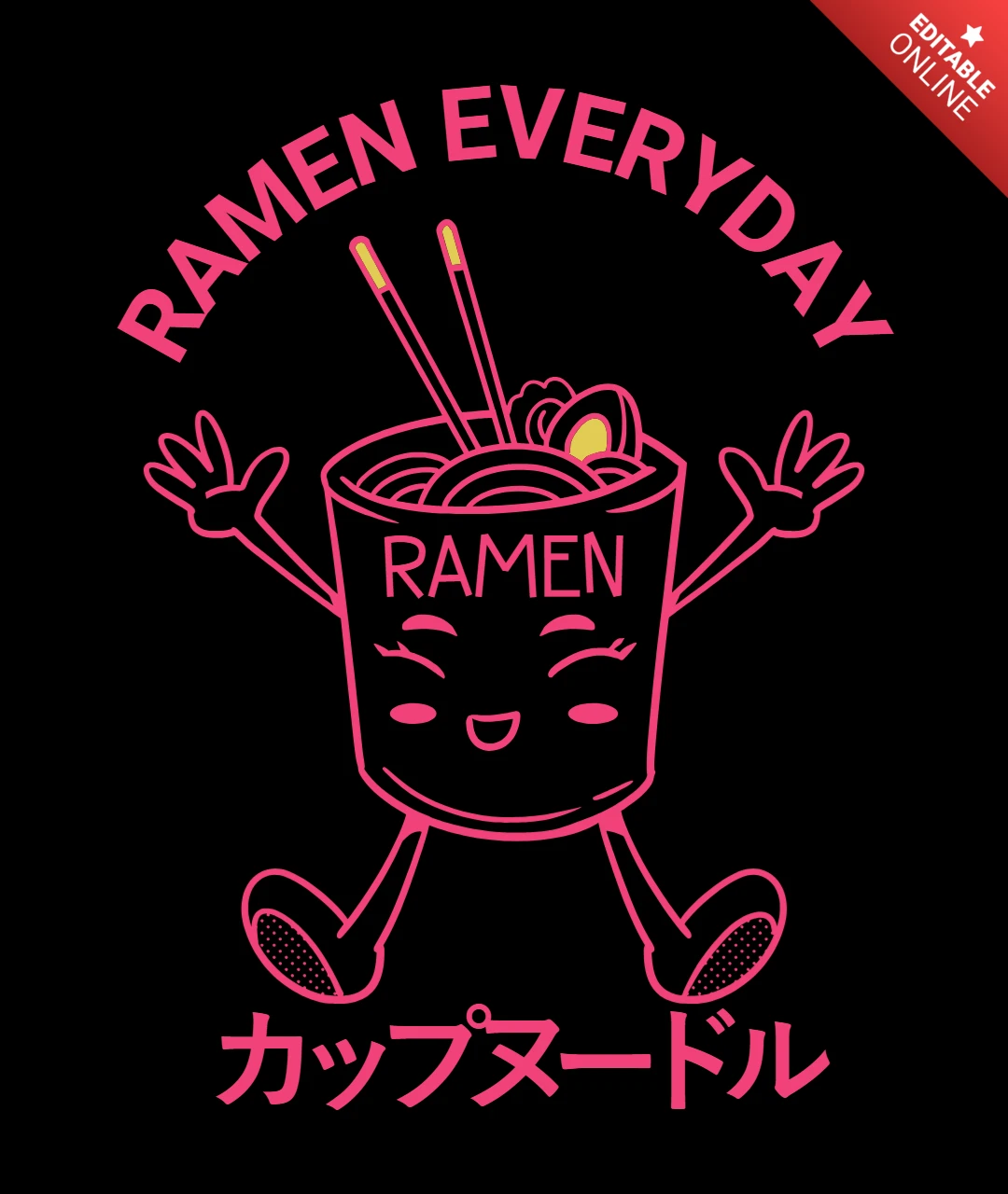 Ramen tous les jours mascotte ludique de nouilles en tasse avec modèle de t-shirt de nourriture japonaise