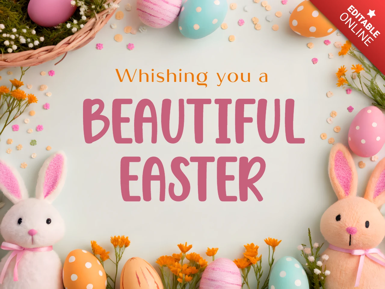 Encantador diseño de plantilla de tarjeta de felicitación de Pascua con simpáticos conejitos y colores pastel