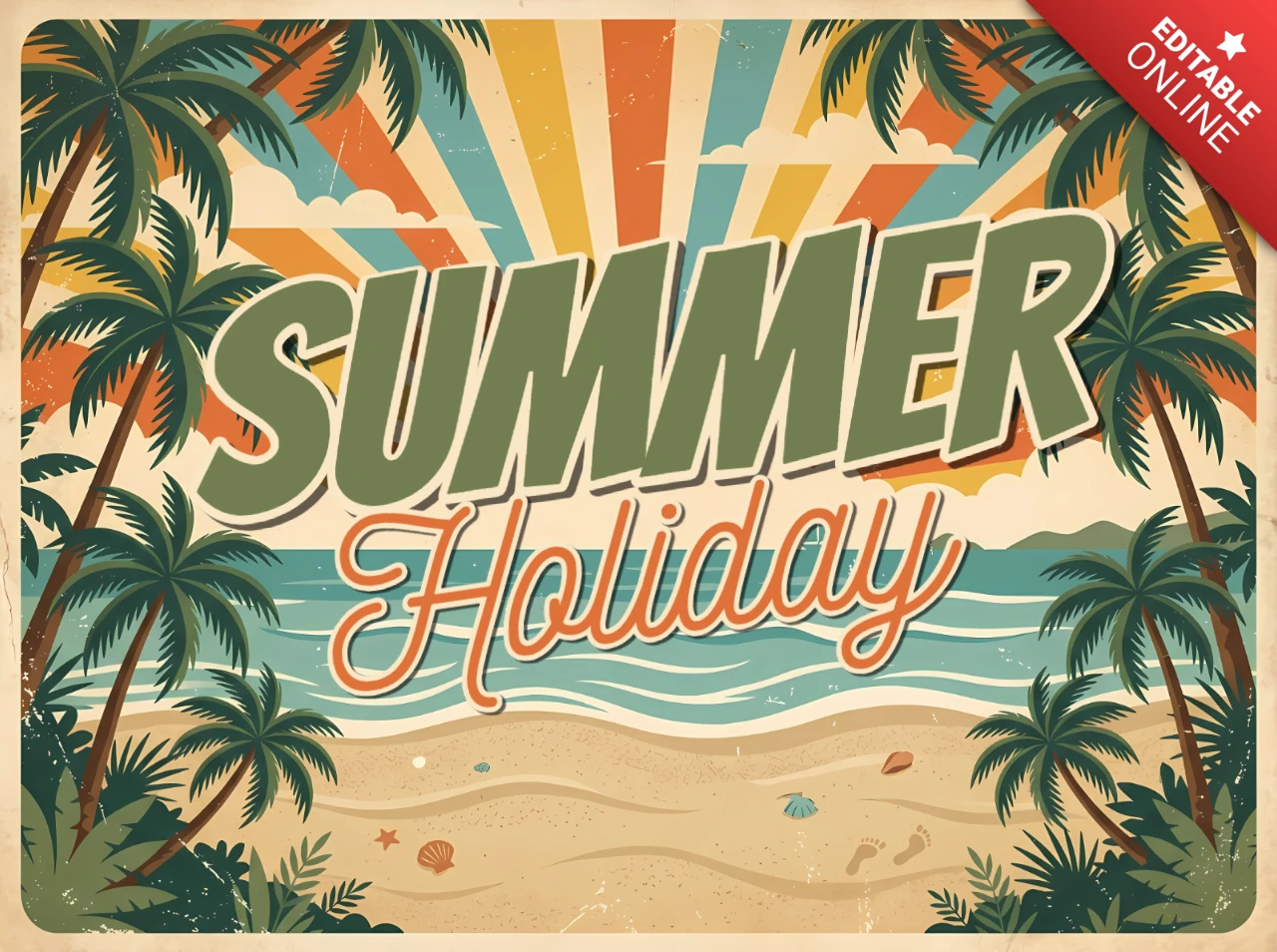 Vintage Tropical Summer Holiday Greeting Card with Retro Beach Sunset Landscape