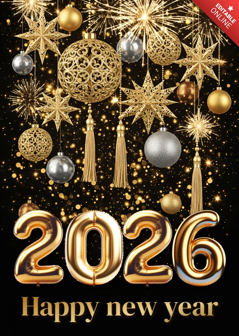 Elegante Neujahrsfeier-Vorlage mit goldenen Ballons und Sternen für festliche Karten