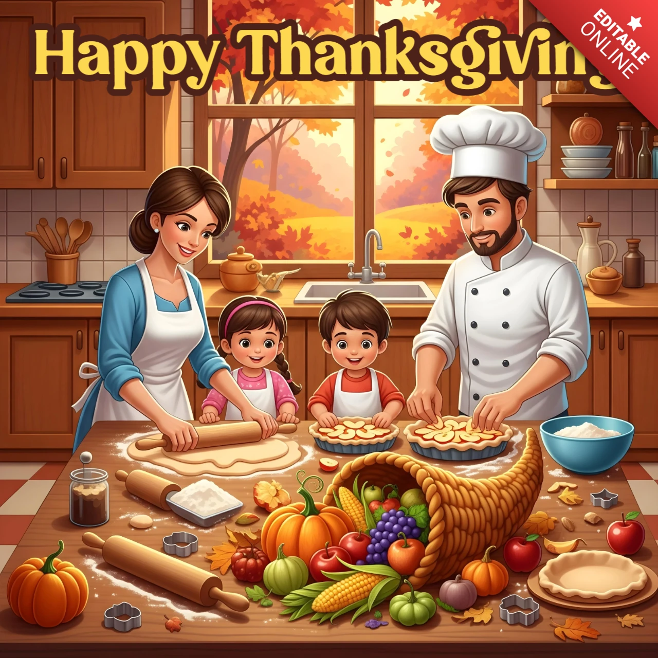 Dough Rolling & Cookie Cutting Scene with Pumpkins & Cornucopia Thanksgiving Cartoon Card Banner Design Template