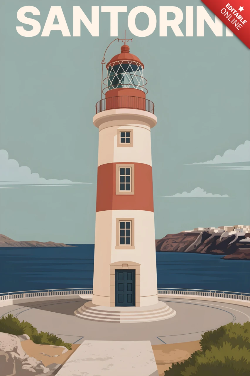 Rood-witte vuurtoren met uitzicht op zee en klifdorp Santorini reisposters ontwerp sjabloon