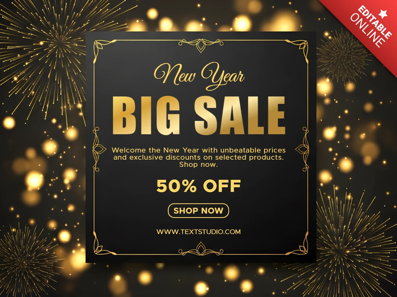 Elegantes Neujahrsverkaufs-Template-Design mit funkelnden goldenen Elementen für Werbeflyer