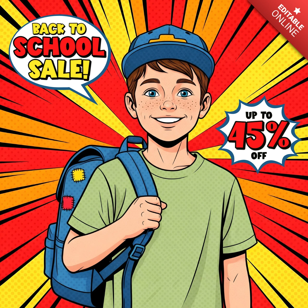 Confident School Start Comic Style with Smiling Student & Back to School Sale Banner Design Template for Promotional Flyers