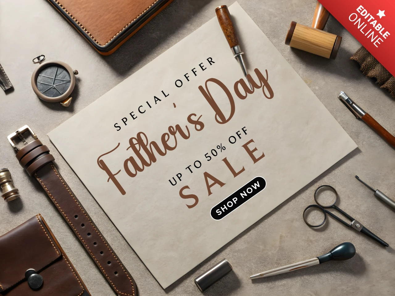 Elegant Father's Day Sale Template with Desk Design for Promotions