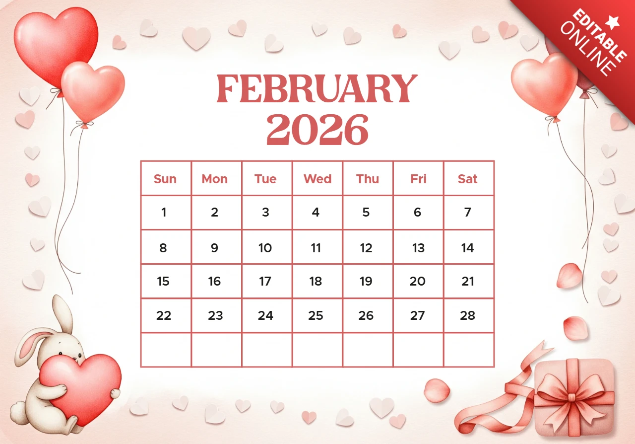 Calendrier de février 2026 sur le thème romantique avec une boîte cadeau, un lapin et un fond rose doux.