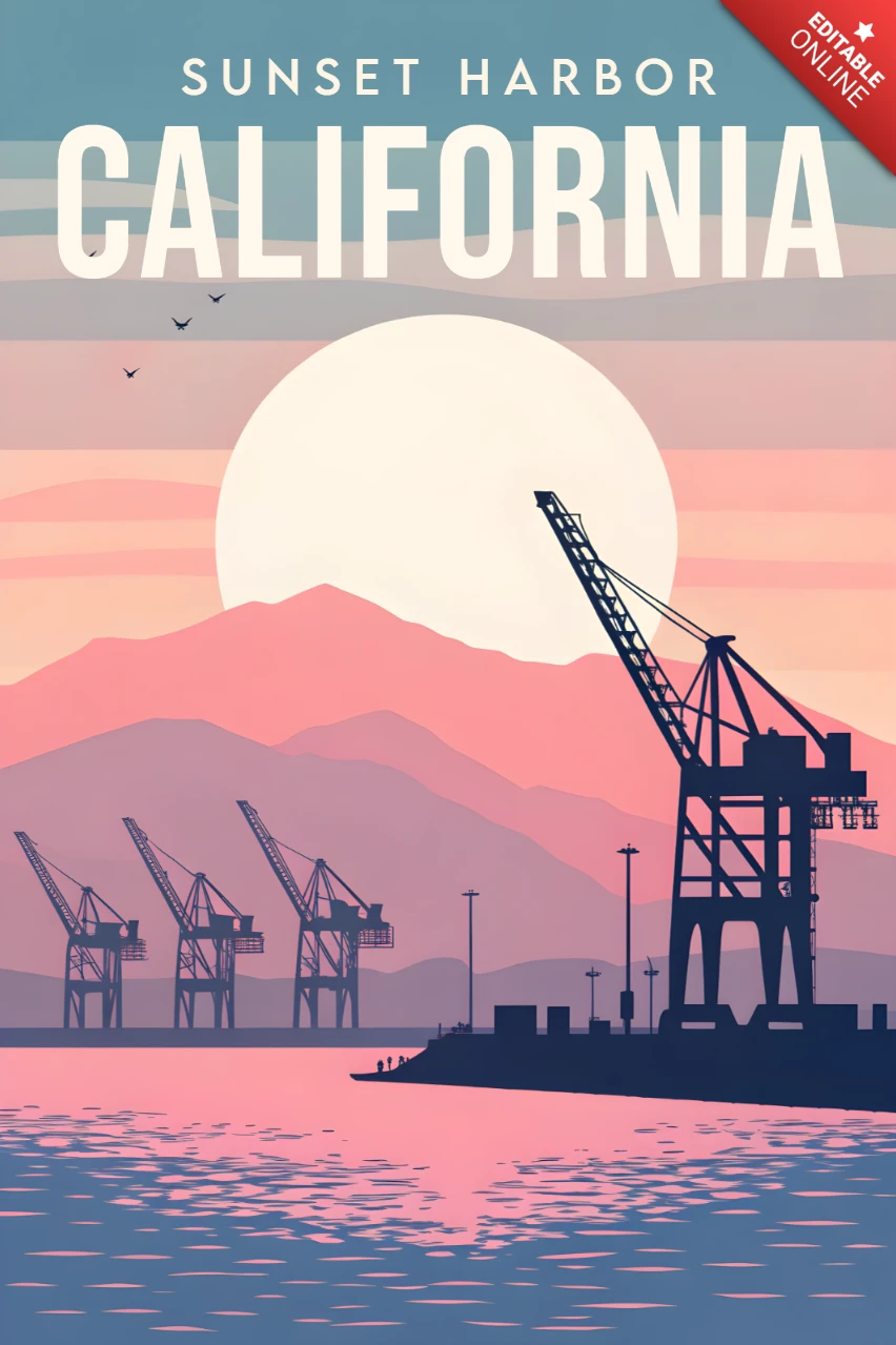 California Sunset in Industrial Harbor Design Template for Posters
