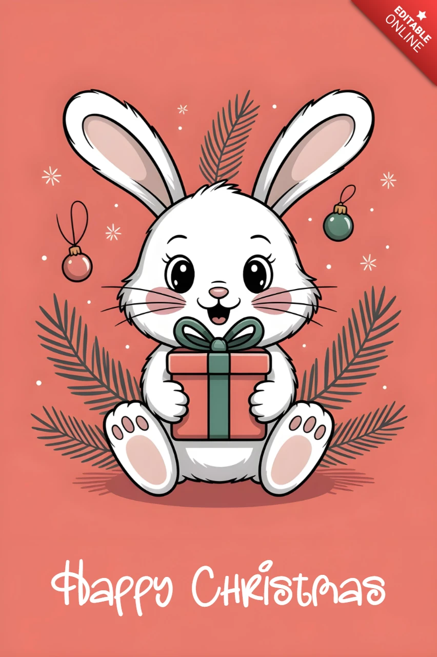 Christmas Greeting Card Design Cute Bunny with Wrapped Gift and Holiday Ornaments on Red Background Template