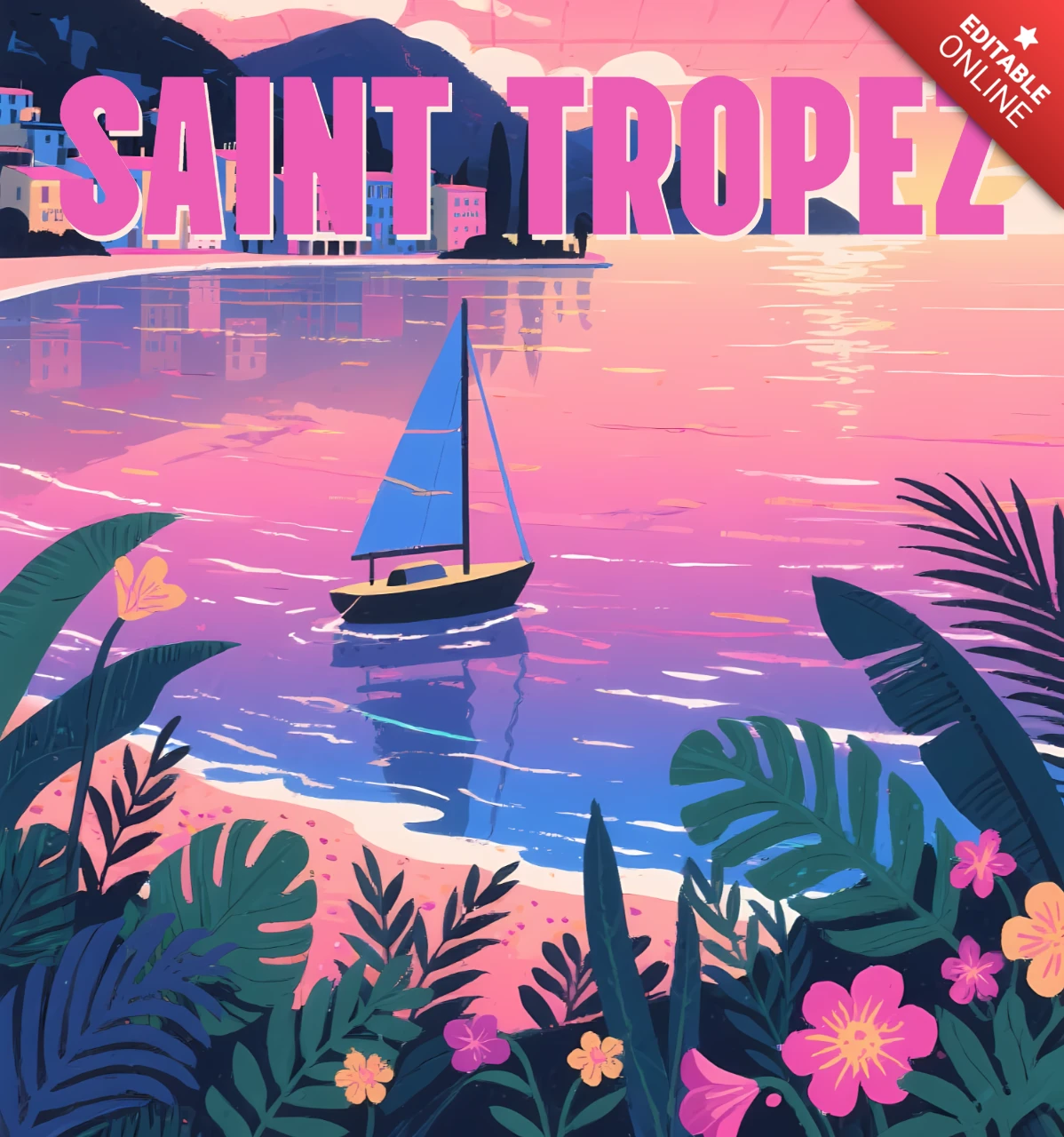 Saint Tropez Pink Sunset Design Template for Tropical Travel Posters
