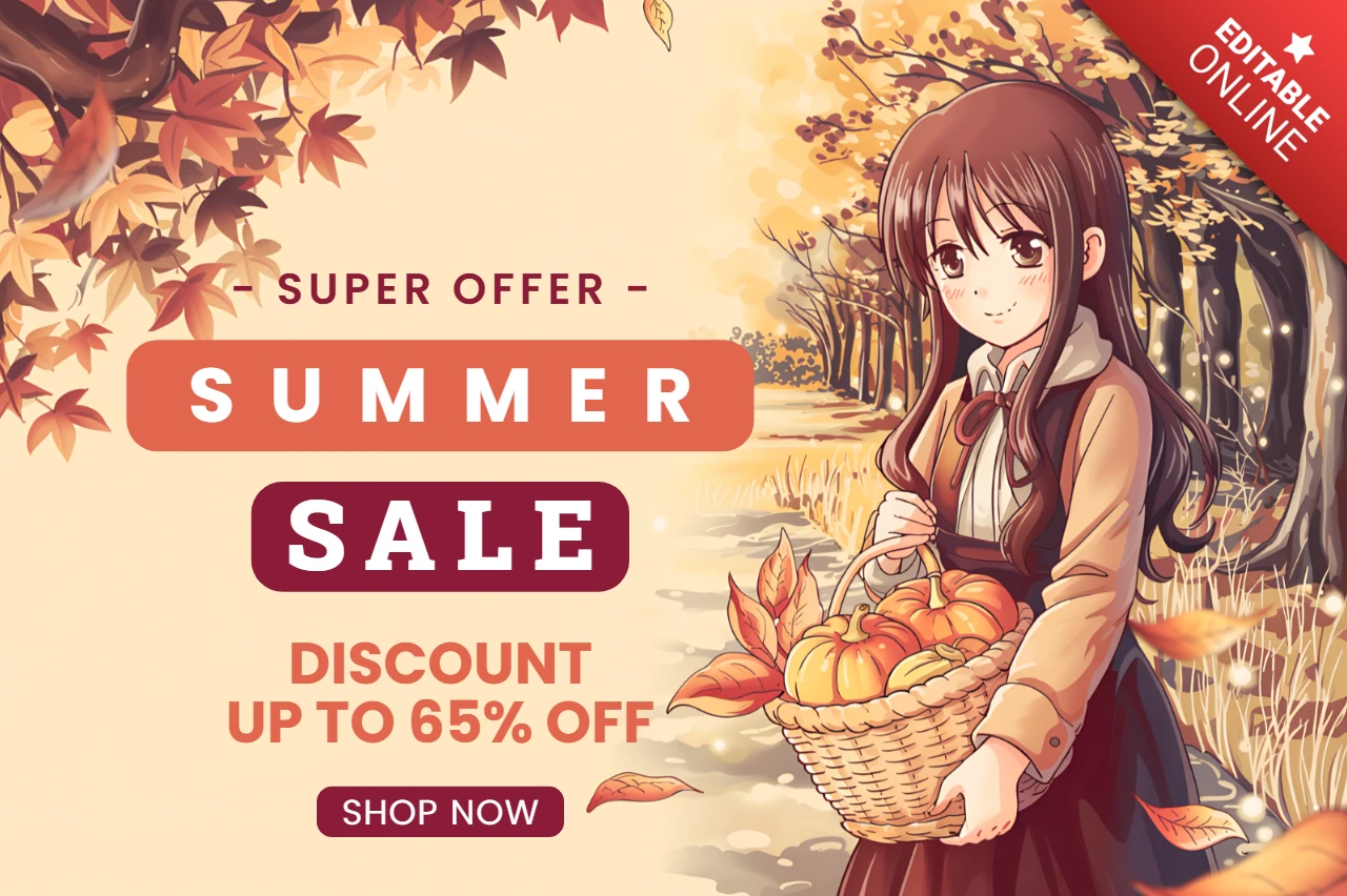 Anime-Stil Sommerverkaufs-Vorlage mit Mädchen und Korb für Werbeflyer