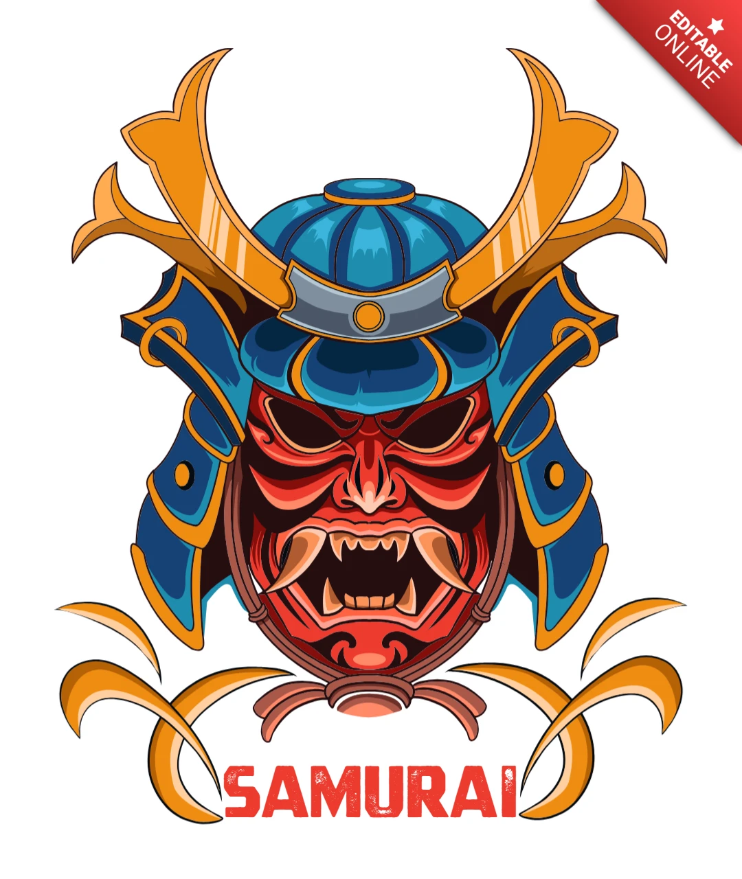 Samurai Spirit Blue Kabuto Helmet with Red Mask and Gold Detailing T-Shirt Design Template