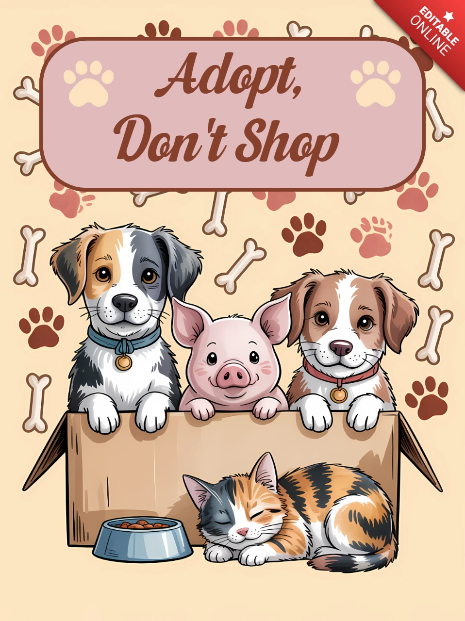 Adote, não compre, modelo de cartaz de resgate animal com animais de estimação fofos.