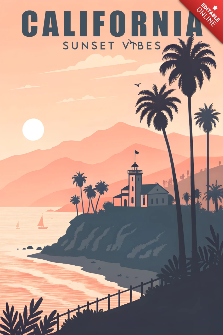 Kalifornische Sonnenuntergangs-Vibes-Designvorlage für Reiseposter