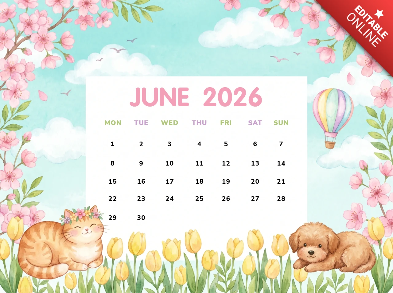 Monatskalender Juni 2026 für Kinder mit pastellfarbenen Blumen, verspielten Katzen- und Welpenillustrationen