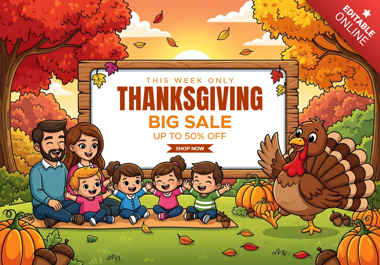 Thanksgiving Big Sale with Smiling Family, Festive Turkey & Cozy Forest Scene Promotional Banner Design Template